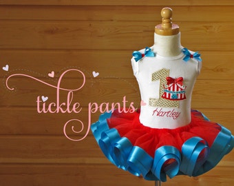 Under the Big Top- Circus Birthday Tutu Outfit- Red/turquoise/gold-  Includes embroidered top and ruffled tutu-  EXCLUSIVE Outfit