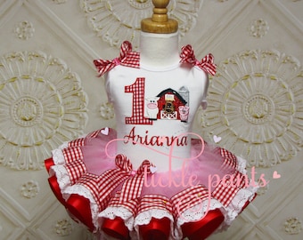Farm Birthday Outfit - Cow pig horse - Red pink lace trim - Baby girls birthday - Includes top and ruffled tutu - Can be customized
