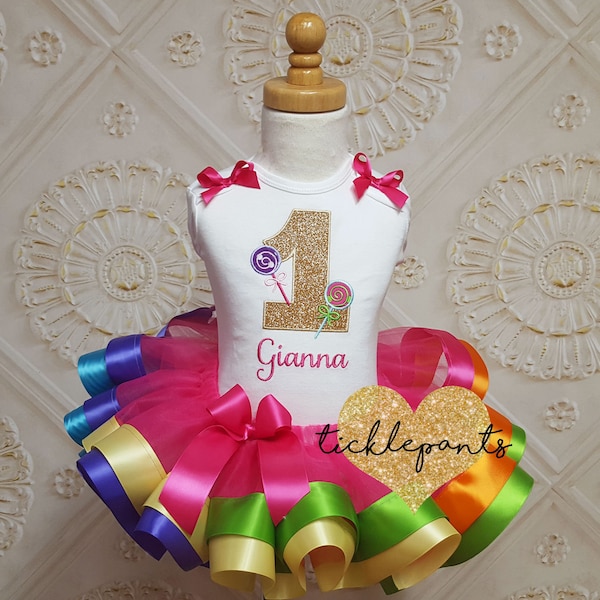 For all sizes - Candyland Birthday Tutu Outfit - Lollipop - RAINBOW and gold sparkle - Includes top and ruffled tutu  - Can be customized