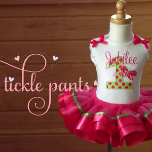 Butterfly Birthday Outfit- Bright pink and lime green- Includes embroidered top and ruffled tutu-  Can be made to match your party/invite