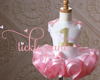 Baby girl's 1st birthday outfit - Pink and sparkle gold - Name and age - Embroidered top and ruffled tutu-  Available in TONS of colors