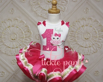 Sitting Pretty Owl Birthday Outfit - Pink and mint - Includes embroidered top and ruffled tutu -  Can be made to match your party colors