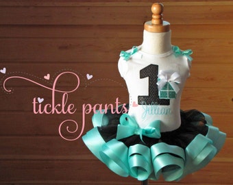 Gift box - Present Birthday Outfit - Includes embroidered top and ruffled tutu - Teal and black- Available in your choice of color(s)