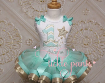 Twinkle Twinkle Little Star Outfit - Baby girls 1st birthday - Mint and gold shimmer - Includes top and ruffled tutu - Can be customized