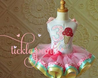 For all sizes - Ice Cream Cone Birthday Outfit - Fun bright colors lots of sparkle - Includes ice cream cone top and ruffled tutu