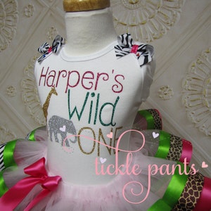 WILD ONE Safari Birthday Outfit Hot Pink Lime Includes glitter top and ruffled tutu Giraffe zebra leopard cheetah Can be customized image 3