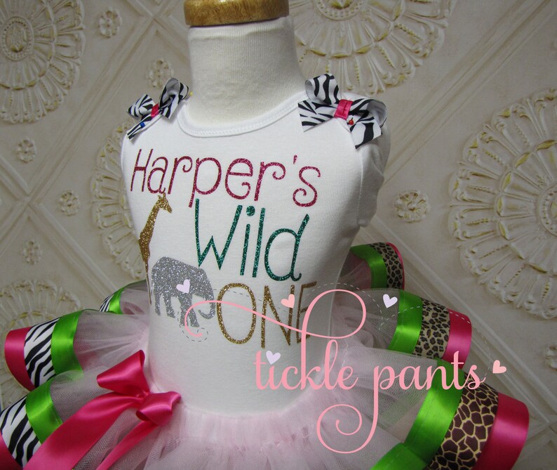 WILD ONE Safari Birthday Outfit Hot Pink Lime Includes glitter top and ruffled tutu Giraffe zebra leopard cheetah Can be customized image 3