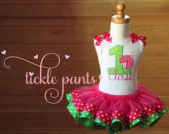 Little Lady Ladybug Birthday Tutu Outfit- Includes top, tutu - Bright pink and lime dots- Can be made to match your party