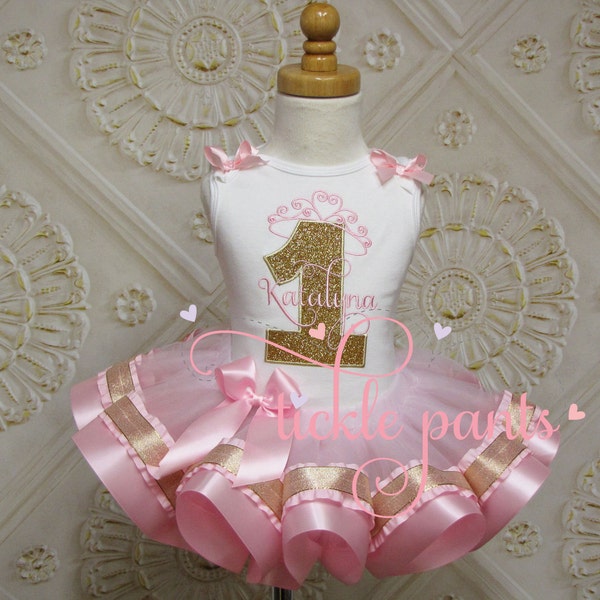 Princess Crown and Name Tutu Outfit - Baby girls 1st birthday - Pink gold sparkle - Includes top and ruffled tutu - Can be customized