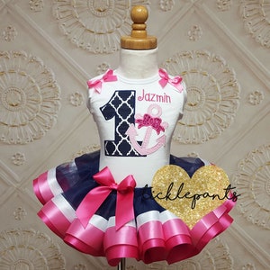 For all ages - Anchors Away! Nautical Birthday Tutu Outfit- Navy, pinks and white - Includes top and tutu - Can be customized
