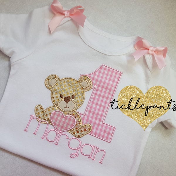 Made for all sizes - Girls TEDDY BEAR Birthday Shirt - Full tutu outfit available - Pink and gold sparkle - Can be customized