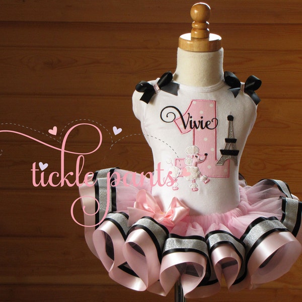 Paris Poodle Eiffel Tower Birthday Outfit- Pink, black and silver- Includes embroidered top and ruffled tutu-  Can be customized