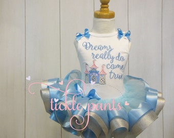 For all sizes - Cinderella Tutu Outfit - Baby blue pink and silver sparkle - Includes castle top and ribbon tutu- Can be customized