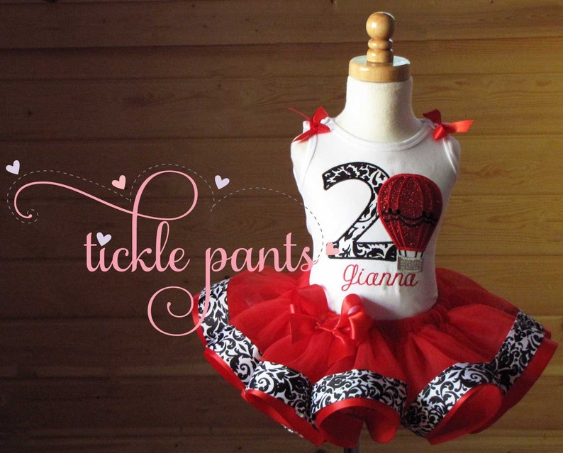 tutu Includes top Can be made to match your party colors Red and damask Whimsical Hot Air Balloon Birthday Tutu Outfit