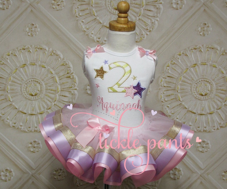 Twinkle Twinkle Little Star Birthday Outfit Pink lavender purple gold Includes embroidered top and tutu Can be made to match your party image 1