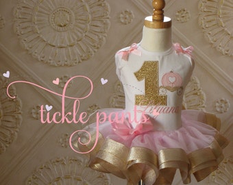 Cinderella Princess carriage Birthday Tutu Outfit- Pink and gold- Includes embroidered and ruffled tutu- Perfect birthdays and Disney trips