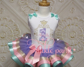 Baby girls 1st Birthday Outfit - Beautful scroll pattern- Pink gold teal lavender -Includes detailed top and tutu - Can be made for all ages