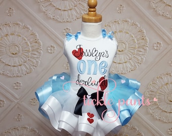 Alice in Onederland Birthday Tutu Outfit with sparkly hearts and spades- Includes embroidered top and ribbon tutu - Can be customized