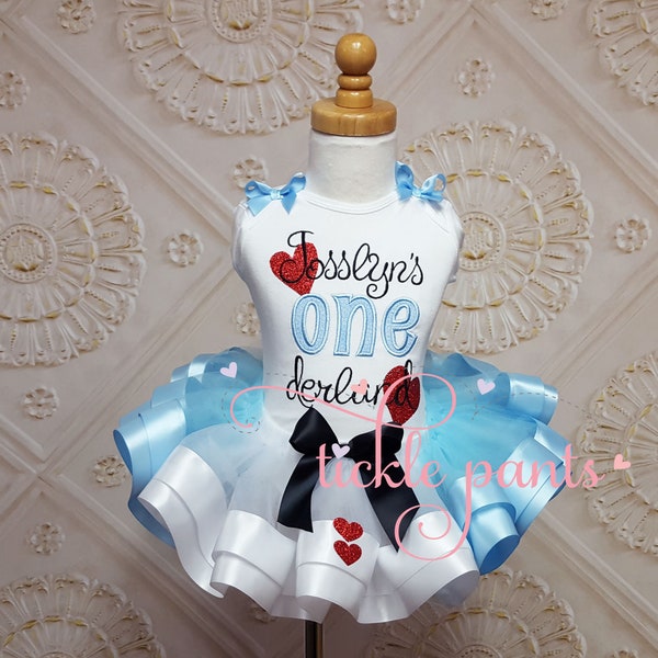 Alice in Onederland Birthday Tutu Outfit with sparkly hearts and spades- Includes embroidered top and ribbon tutu - Can be customized