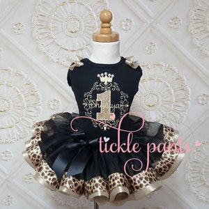 Baby girls 1st Birthday Outfit - Beautful scroll pattern - Black gold shimmer leopard cheetah- Includes top and tutu - Can be customized
