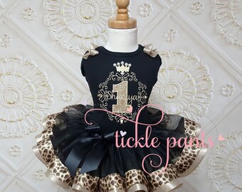 Baby girls 1st Birthday Outfit - Beautful scroll pattern - Black gold shimmer leopard cheetah- Includes top and tutu - Can be customized