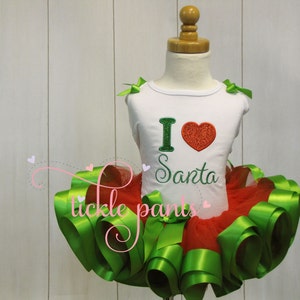 Girls Christmas outfit - Tutu set - I Love Santa - Red and green- Includes sparkly top and ruffled tutu