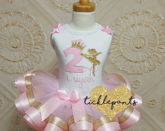 For all sizes and ages - Ballerina Birthday Outfit- Includes top and ribbon ruffled tutu - Pink and gold sparkle - Can be customized