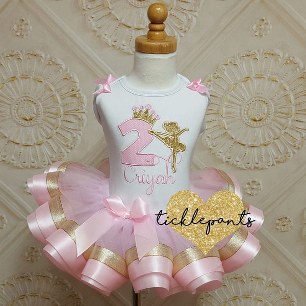 For all sizes and ages - Ballerina Birthday Outfit- Includes top and ribbon ruffled tutu - Pink and gold sparkle - Can be customized