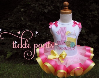 Lemonade or Pink Lemonade Birthday Outfit- Yellow, pink and sparkles- Includes top top, ribbon tutu -  Made to match your party