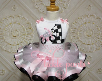 Diamonds and Dirtbikes Tutu Outfit - Baby girls 1st birthday - Pink silver sparkle black - Includes top and ruffled tutu- Can be customized