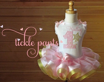 Twinkle Twinkle Little Star Birthday Outfit- Pink and sparkle gold- Includes embroidered top and tutu - Can be made to match your party