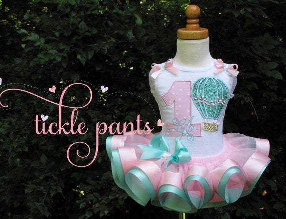 Whimsical Hot Air Balloon Birthday Tutu Outfit Includes embroidered top and ruffled tutu Lavender purple and aqua Can be customized