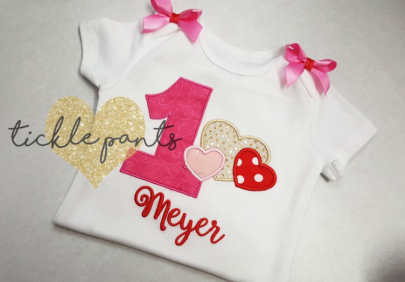 Baby girl's 1st birthday shirt Sweet hearts Valentine's shirt Pink red gold Colors can be changed Made for all ages and sizes image 1