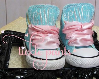 Monogrammed Baby CONVERSE Sneakers with ribbon laces- Made to match all Tickle Pants Birthday Collections- Infant to big girl