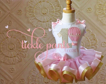 Whimsical Hot Air Balloon Birthday Tutu Outfit- Pink and sparkling gold- Includes embroidered top and ruffled tutu- Can be customized