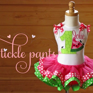 Watermelon Birthday Tutu Outfit- Includes top, tutu - Bright pink and green dots (also available in solids) BERRY CUTE