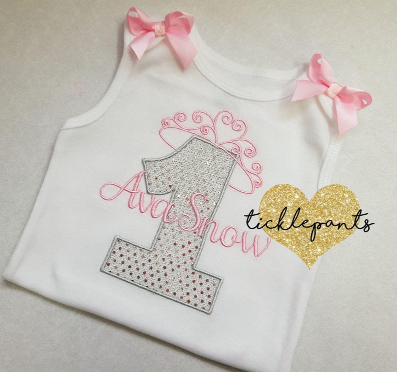 Available for all ages and sizes Colors can be changed Baby girl/'s 1st birthday shirt Princess Crown Tiara Pink and gold sparkle