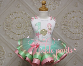 Seashells Seahorse Beach Birthday Tutu Outfit - Mint gold pink - Includes embroidered top and ruffled tutu - Can be customized