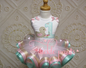 Rubber Duck Duckie Tutu Outfit - Baby girls birthday - Pink aqua gold - Includes embroidered top and ruffled tutu - Colors can be changed