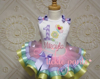 Baby Girl's 1st birthday outfit - FLOWER BUTTERFLY - Yellow pink purple aqua - Includes top and tutu - Pattern/ colors can be changed