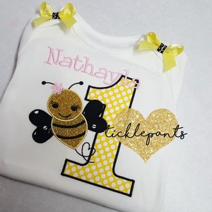 For all ages Girls Bumble Bee Birthday Shirt Yellow sparkle and black First Birthday Changes can be made to colors and pattern image 1