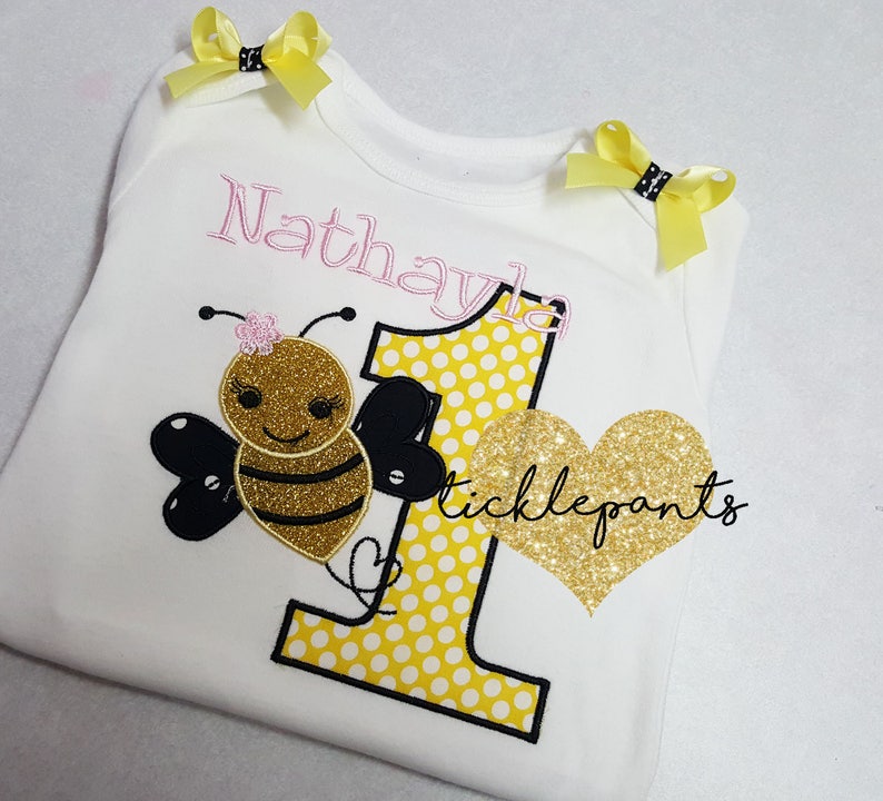 For all ages Girls Bumble Bee Birthday Shirt Yellow sparkle and black First Birthday Changes can be made to colors and pattern image 1