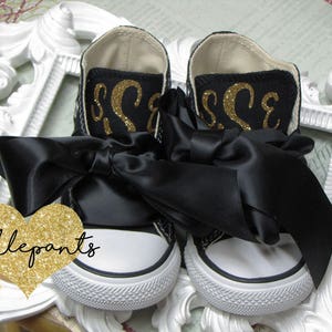 Monogrammed GLITTER Baby Converse sneakers with ribbon laces - Made to match all Tickle Pants Birthday Collections - Infant to big girl