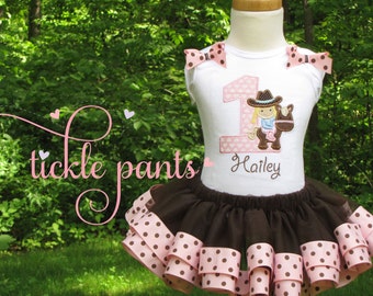 Giddy Up Horsie Birthday Tutu Outfit- Pink and brown- Includes embroidered top and ruffled tutu-  Can be made to match your party colors