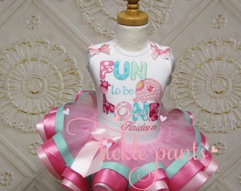 Fun to be One - Baby girl's 1st Birthday Outfit - Hot pink aqua - Includes personalized top and ruffled ribbon tutu - Can be customized