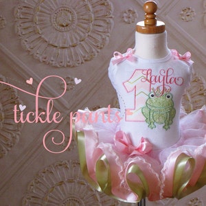 For all ages - Frog Prince Tiana Birthday Tutu Outfit - Pink mint sparkling gold with LACE - Includes embroidered top and ruffled tutu