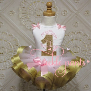 Princess Crown and Name Tutu Outfit Baby girls 1st birthday Pink gold sparkle Includes top and ruffled tutu Can be customized image 1