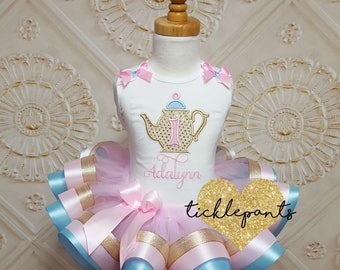 Made for all ages -Teapot Birthday Tutu Outfit - Alice in ONEderland - Pink baby blue gold sparkle- Includes top and tutu -Can be customized