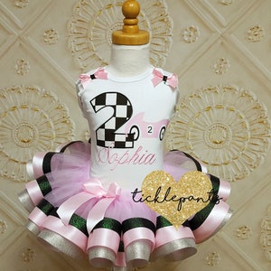 Race Car Tutu Outfit - 1st birthday outfit - Made for ALL AGES and SIZES - Pink silver sparkle black - Includes top and ruffled tutu