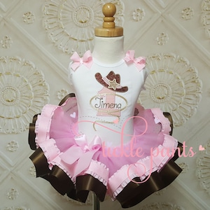 Baby girl&#39;s 1st birthday outfit - Cowgirl Rodeo - Pink and brown -  Includes top and ruffled tutu - Can be made to match your party colors